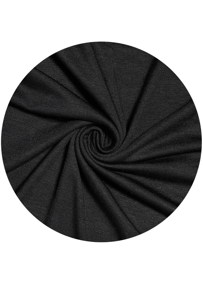 Black colour. Effortless to style and incredibly comfortable to wear, with a subtle sheen. The medium-thick weight is soft, breathable, fully opaque and durable. Jersey works well in all climates, can be worn without an under scarf or pins, and makes a great option for working out.